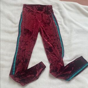 Aerie Velvet Red Midrise Full Length Leggings with blue and teal stripes